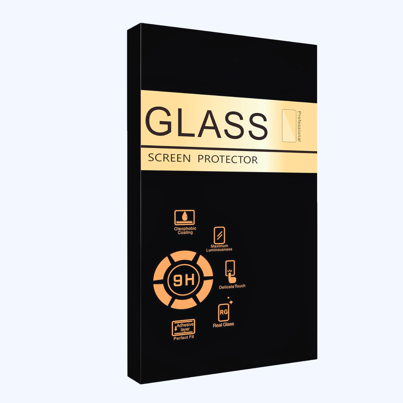 Box of glass screen protector with gold text on a black background